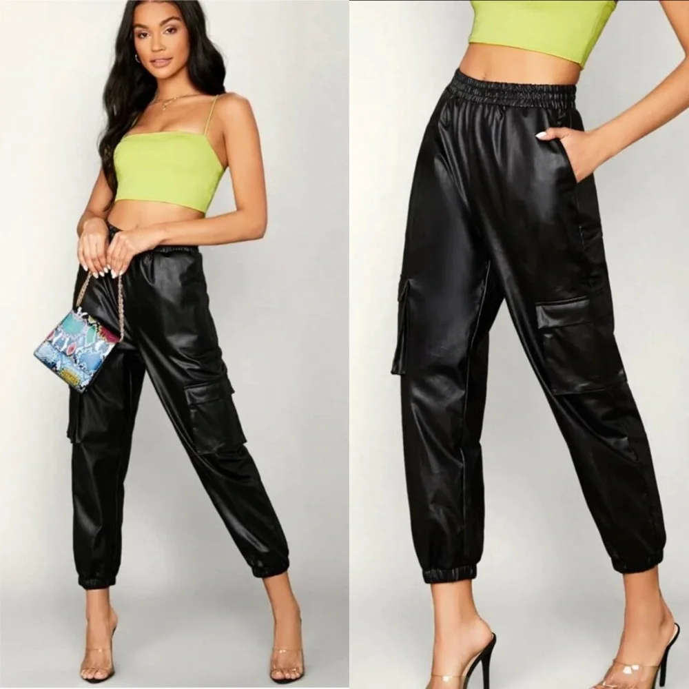Nwt SHEIN Black Faux Leather Cargo Pants L - Picture 1 of 7
